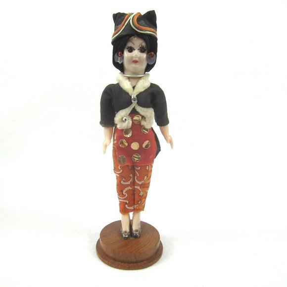 Vintage 1950s North Thailand Thai Doll Figurine 9" Handmade Cloth & Wood Base - Picture 1 of 12